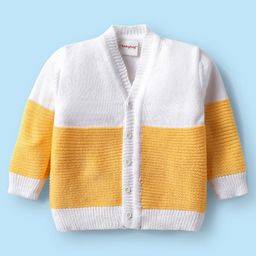 Babyhug Knitted Full Sleeves Color Block Front Open Sweater Set with Booties & Cap - Yellow & White image 2