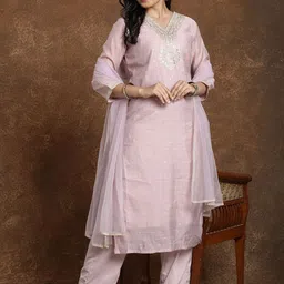 AVANSHEE Women Floral Embroidered Sequinned Chanderi Cotton Kurta Trousers & Dupatta-image-15