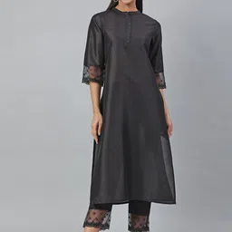 KALINI Mandarin Collar Thread Work Straight Kurta with Trousers-image-2