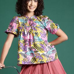 DressBerry Graphic Print Tie-Up Neck Puff Sleeve Top-picture-44