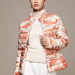 Label Ritu Kumar Women Off White Orange Floral Jacket-25