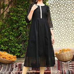 DECKEDUP Round Neck Sequinned Chanderi Silk Anarkali Kurta-32