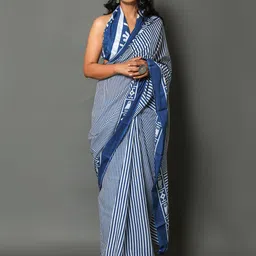 JAIPURI PRINT Pure Cotton Striped Saree with Blouse-image-18