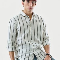 Snitch Vertical Striped Spread Collar Cotton Linen Shirt-image-88