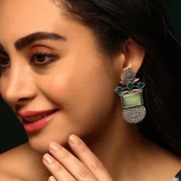 Priyaasi Silver Plated Green Onyx Stone Studded Oxidized Chandbali-22