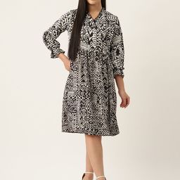 Belle Fille White & Black Floral Print Tie-Up Neck Crepe A-Line Midi Dress-image-45