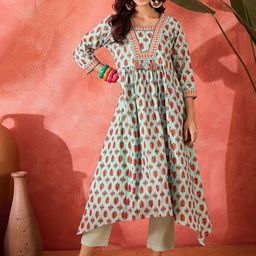 Sangria Ethnic Motifs Printed Pure Cotton Kurta With Trousers-picture-20