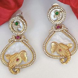 FindHerFavorite Copper-Plated Artificial Stones Studded Antique Contemporary Drop Earrings-30
