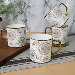Femora White & Mustard 4 Pieces Printed Ceramic Glossy Coffee & Tea Cup image 3