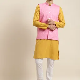 SOJANYA Men Mustard Yellow & Pink Kurta with Churidar & Nehru Jacket-picture-22