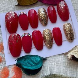 AMOK STORE Set Of 12 Reusable Artificial Press On Nails With Application Kit - Red-37