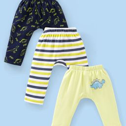 Babyhug Cotton Full Length Diaper Pants Dino Print Pack of 3 - Green-image-54