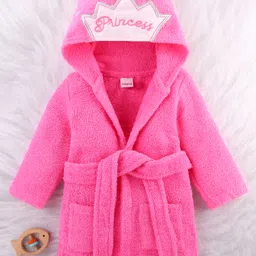 Babyhug Woven Terry Full Sleeves Hooded Bath Robe Princess Patch - Pink-picture-20