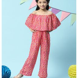 BIBA Off Shoulder Sleeves Floral Printed Rayon Straight Jumpsuit - Pink-image-22