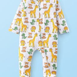 Babyhug Cotton Knit Full Sleeves Sleepsuit Animals Print - White-image-29