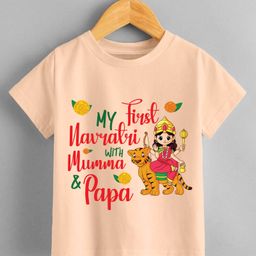 KNITROOT Navratri Theme Half Sleeves My First Navratri With Mumma Papa Printed Tee - Peach-picture-39