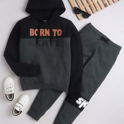 3PIN Full Sleeves Born To Skate Placement Text Printed Colour Blocked Hoodie & Joggers Set - Green & Black-image-15