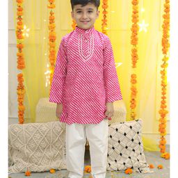 Bownbee Full Sleeves Leheriya Designed & Gota Lace Embellished Pure Cotton Kurta & Pyjama Set - Pink-image-88