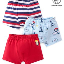 Babyhug 100% Cotton Antibacterial Trunk Striped & Penguin Print Pack Of 3 - Red & Blue-image-33