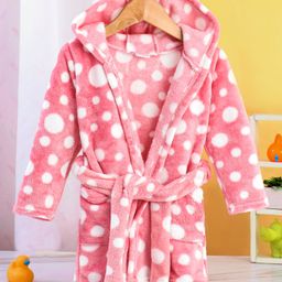 Babyhug Velour Full Sleeves Bathrobe with Hood Polka Dots Print - Pink-image-51