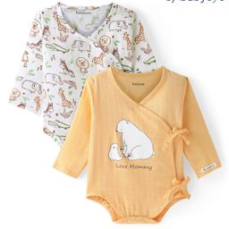 Babyoye 100% Cotton Organic Full Sleeves BearPrinted Onesies Pack of 2 - Multicolour-image-6