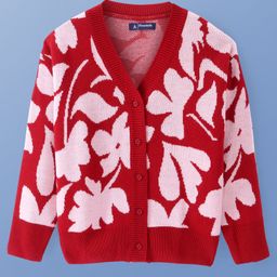 Pine Kids Knit Full Sleeves Front Open Sweater with Floral Design - Maroon-picture-10