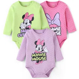 Babyhug Disney 100% Cotton Knit Full Sleeves Onesies Minnie Mouse Graphics Pack of 3- Pink Green & Purple-picture-23