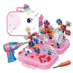 Ji and Ja DIY Electric Drill Screw Tool Set Mosaic Puzzle 228pcs 3D STEM Educational kit for Kids Construction and Building Block Kit Unicorn Design - Pink-16