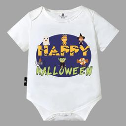 The Peppy Tend Halloween Theme 100% Cotton Half Sleeves Happy Halloween Text Printed Onesie - White-picture-8