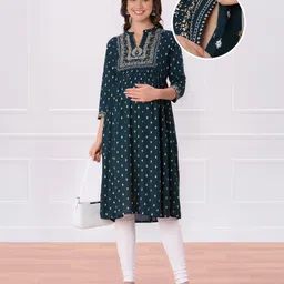 Bella Mama Woven Three Fourth Sleeves Gold Printed Highlighted Yoke Maternity Kurta with Pocket - Teal Blue-picture-6