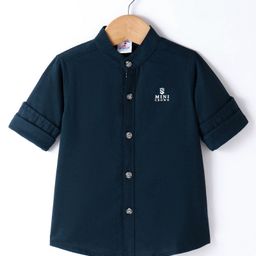 Ruff Woven Full Sleeves Mandarin Collar Solid Color Shirt - Navy Blue-image-10