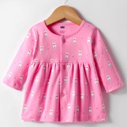 Simply Interlock Full Sleeves Front Open Frock with Bunny Print - Pink-image-63