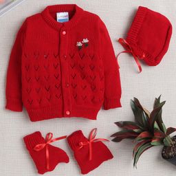 BUMZEE Full Sleeves Floral Embroidered Sweater With Cap & Socks Set - Red-image-75