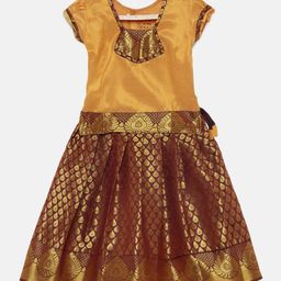 BABY Lakshmi Half Puffed Sleeves Patch Embroidered Abstract Foil Printed Pattu Pavadai Set - Mango Gold-image-42