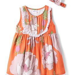 Mark & Mia Cotton Woven Sleeveless Frock & Headband with Floral Print & Lace Detailing - Pink-image-100