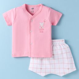 Zero Interlock Knit Half Sleeves Shorts Night Suit with Bear Print & Checks - Peach & White-picture-11