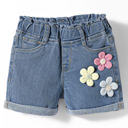 Babyhug Mid Thigh Denim Washed Shorts With Stretch Floral Applique - Blue-picture-8