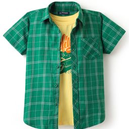 Pine Kids Cotton Woven Half Sleeves Checks Shirt With Sleeveless Text Printed T-Shirt - Green & Yellow-image-62