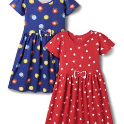 Honeyhap Premium Cotton Knit Half Sleeves Hearts & Floral Printed Frocks With Bow Applique Pack of 2 - Navy Peony & High Risk Red-image-24