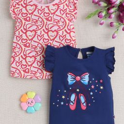 BUMZEE Cotton Knit Frill Sleeves T-Shirts Heart & Bow Print Pack Of 2 - Pink & Navy Blue-image-47