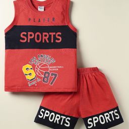 Taeko Single Jersey Knit Sleeveless Cut & Sew Tank T-Shirt & Shorts Set with Sports Theme Print - Red-image-44