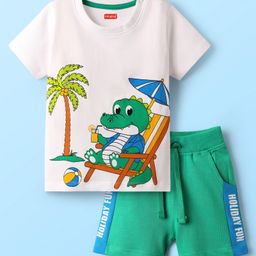 Babyhug Single Jersey Knit Half Sleeves T-Shirt & Shorts Set with Crocodile Print - Green & White-image-35