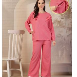 Zelena 100% Cotton Knit Full Sleeves Solid Maternity Top With Nursing Access & Pajama - Pink-image-5