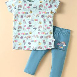 CUCUMBER Cotton Knit Half Sleeves Night Suit With Floral Print - Light Blue-image-91