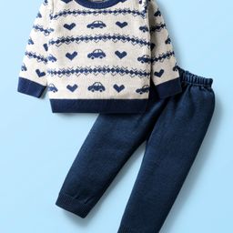 Babyhug Knitted Full Sleeves Sweater Set with Car & Heart Design - White & Navy Blue-image-22