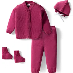 Babyhug Knit Full Sleeves Solid Color Front Open Sweater Set with Pair of Mittens & Cap - Dark Pink-picture-48