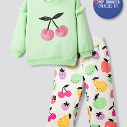 Bonfino 100% Cotton Knit French Terry Full Sleeves Oversized Sweatshirt & Wide Leg Leggings Set with Fruit Print - Light Green & Offwhite-picture-38