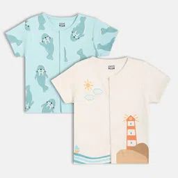 MINI KLUB Cotton Knit Pack Of 2 Half Sleeves Light House & Seal Printed Jhablas - Blue & Off White-picture-11