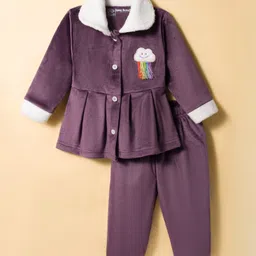 Little Darlings Fleece Knit Full Sleeves Winter Wear Top & Leggings Set with Cloud & Rainbow Patch - Voilet-picture-7