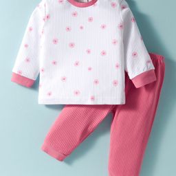 Zero Interlock Knit Full Sleeves Interlock T-Shirt & Joggers Set with Floral Print - White & Pink-picture-23